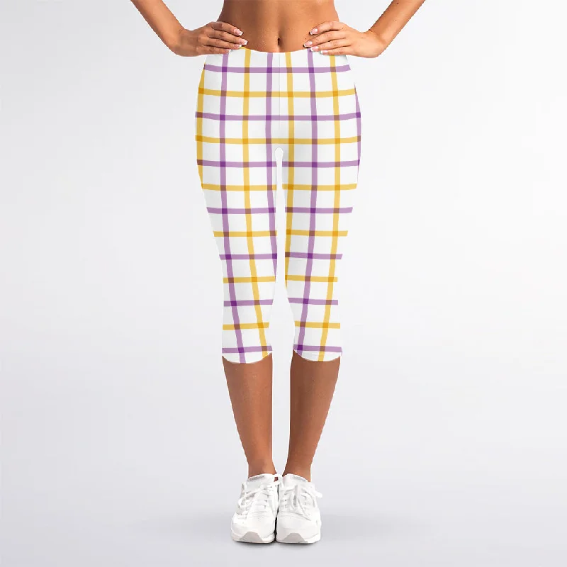 Yellow And Purple Tattersall Print Women's Capri Leggings Stylish Stretch Pants Leggings