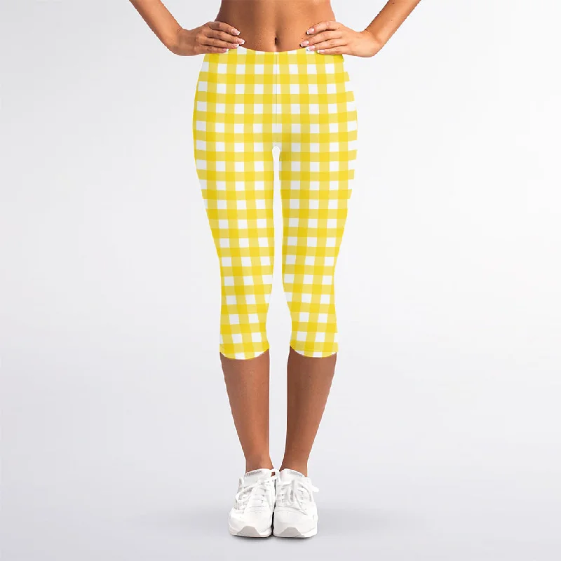 Yellow And White Check Pattern Print Women's Capri Leggings Fashionable Seamless Leggings