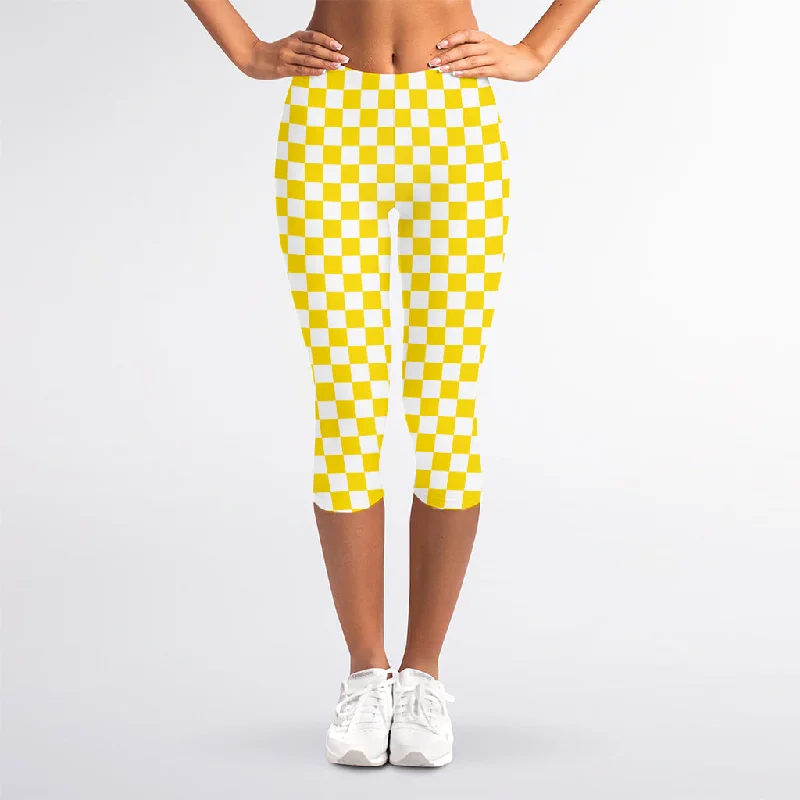 Yellow And White Checkered Pattern Print Women's Capri Leggings Fashionable Embroidered Detail Leggings