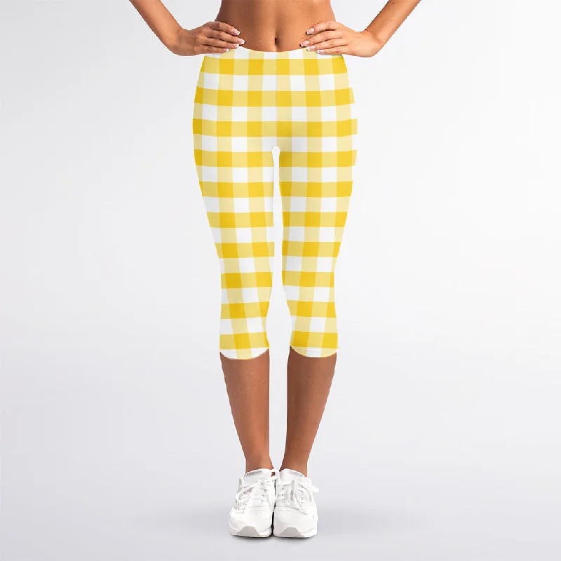 Yellow And White Gingham Pattern Print Women's Capri Leggings Stylish Ankle-Length Leggings