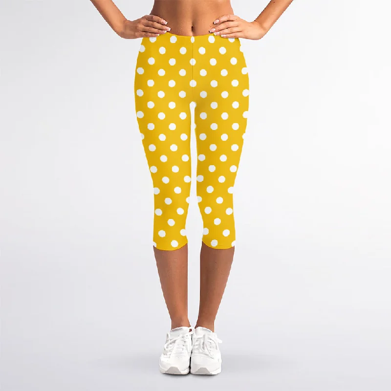 Yellow And White Polka Dot Pattern Print Women's Capri Leggings Elegant Velvet Leggings