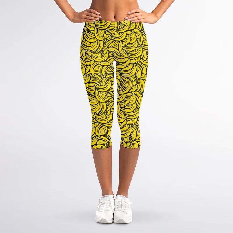 Yellow Banana Pattern Print Women's Capri Leggings Elegant Stretchy Faux Leather Leggings