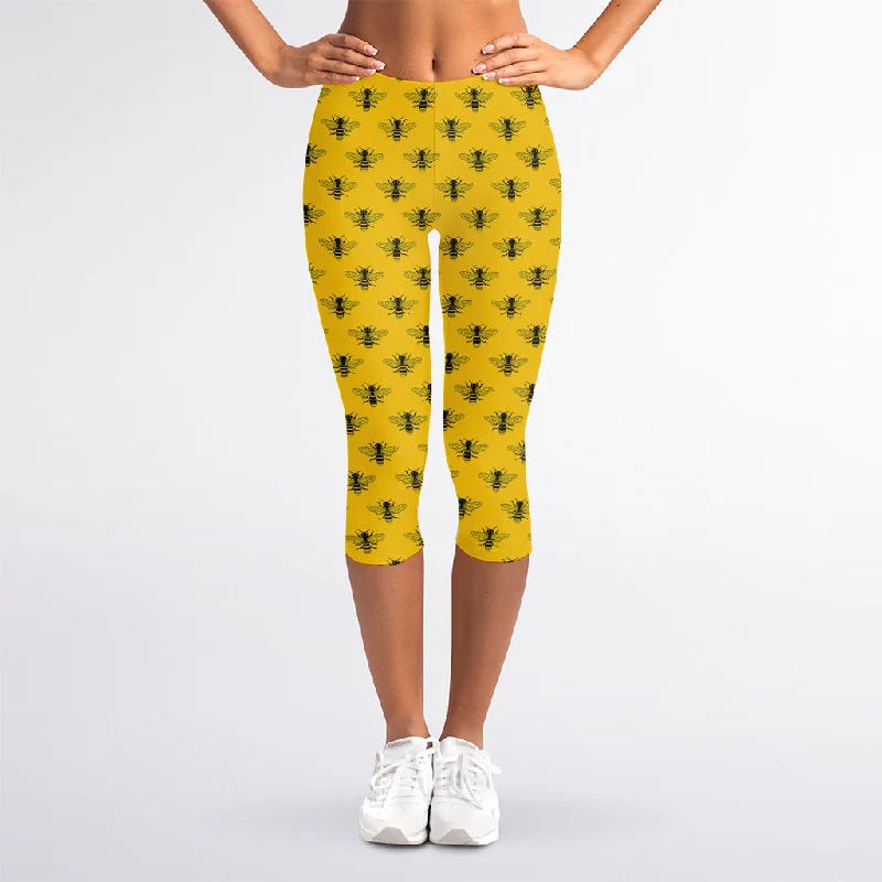 Yellow Bee Pattern Print Women's Capri Leggings Fashionable Floral Active Leggings