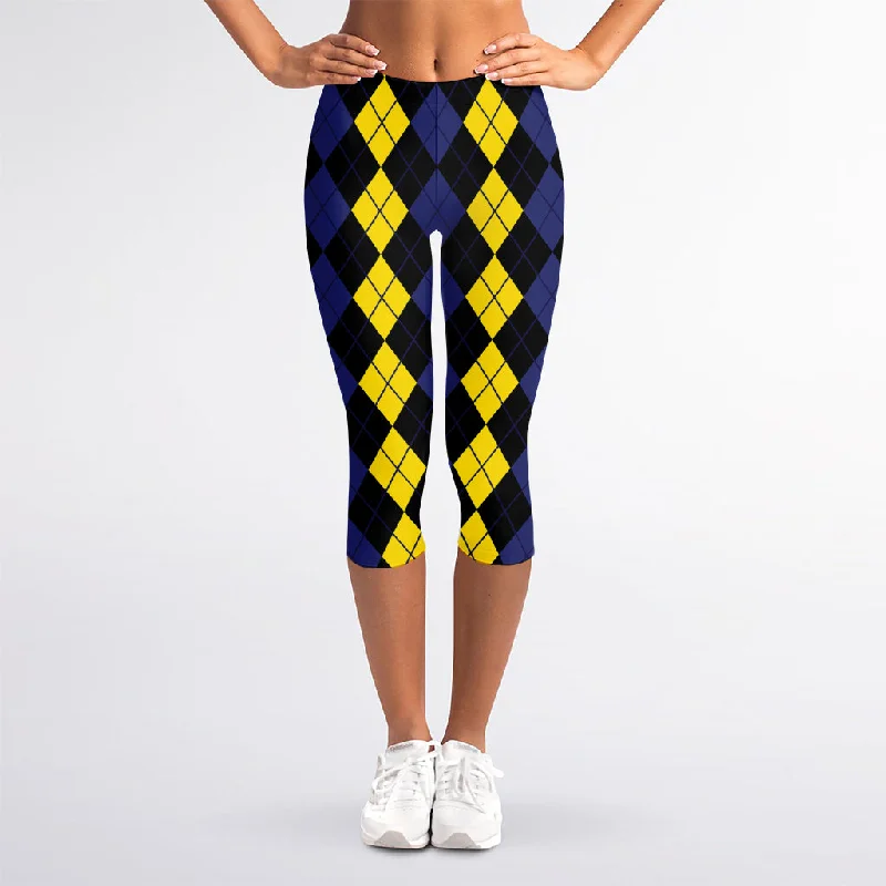 Yellow Black And Blue Argyle Print Women's Capri Leggings Trendy Digital Print Leggings