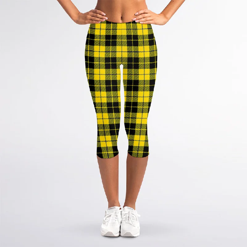 Yellow Black And Blue Tartan Print Women's Capri Leggings Fashionable Smooth Fit Leggings