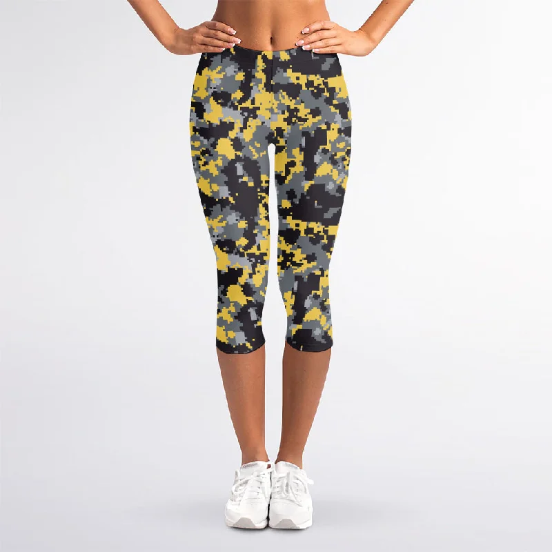 Yellow Black And Grey Digital Camo Print Women's Capri Leggings Cozy Workout Performance Leggings