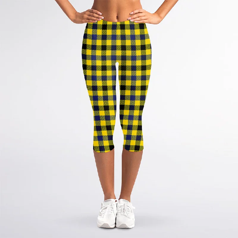 Yellow Black And Navy Plaid Print Women's Capri Leggings Elegant Metallic Leggings