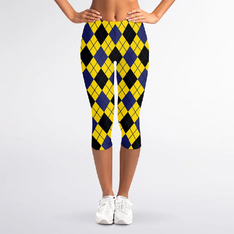 Yellow Blue And Black Argyle Print Women's Capri Leggings Trendy Fitness Leggings