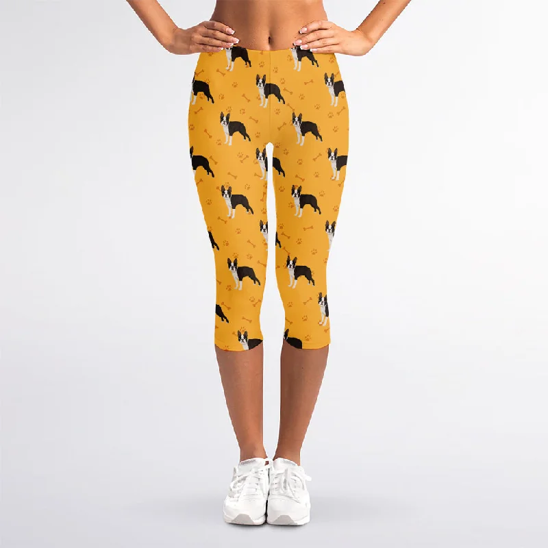 Yellow Boston Terrier Pattern Print Women's Capri Leggings Comfortable Fleece-Lined Leggings