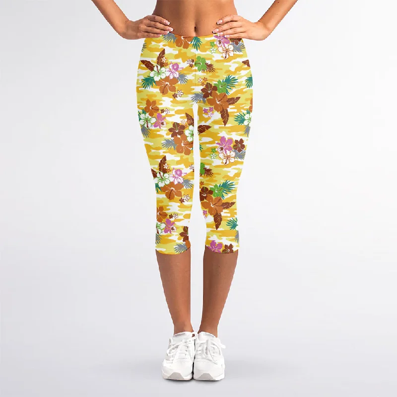 Yellow Camo And Hibiscus Flower Print Women's Capri Leggings Fashionable Full-Length Active Leggings