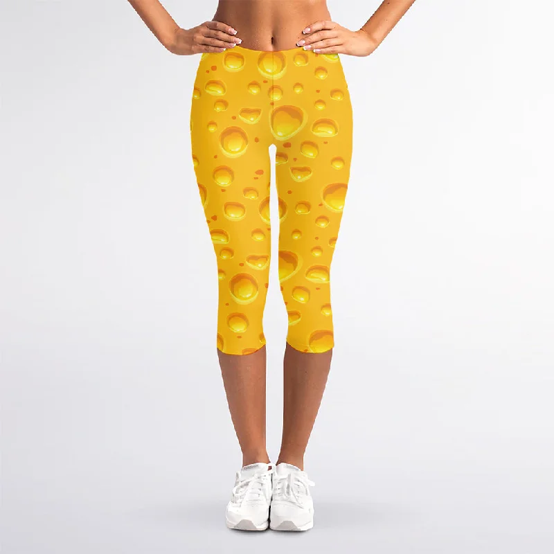 Yellow Cheese Print Women's Capri Leggings Cozy Bootcut Leggings