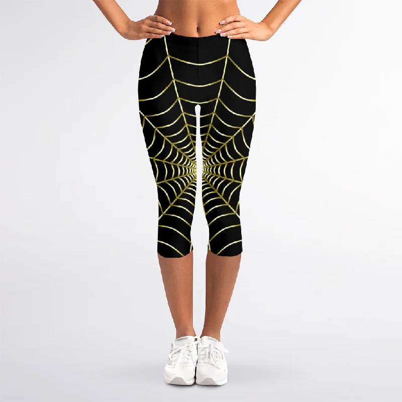 Yellow Cobweb Print Women's Capri Leggings Comfortable Full-Body Compression Leggings