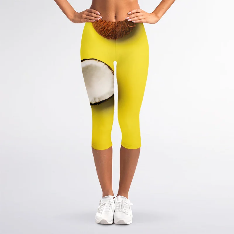 Yellow Coconut Pattern Print Women's Capri Leggings Trendy Cold Weather Tights