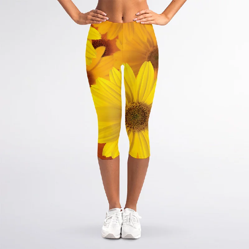 Yellow Daisy Flower Print Women's Capri Leggings Trendy Colorblock Print Leggings