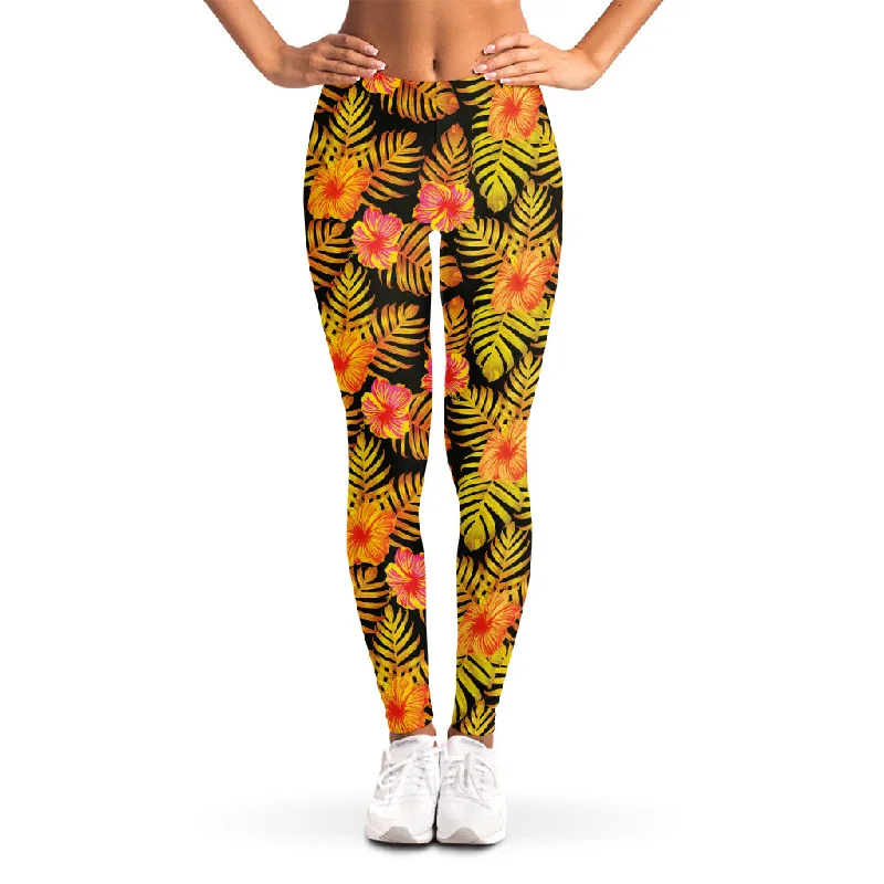 Yellow Hawaiian Tropical Pattern Print Women's Leggings Trendy Black Mesh Leggings