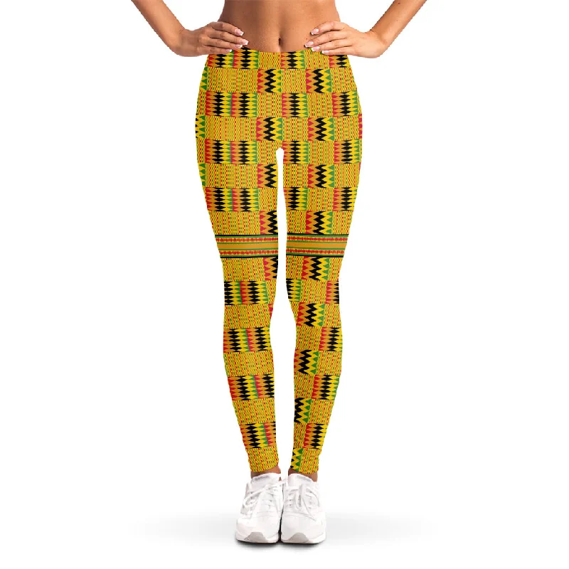 Yellow Kente Pattern Print Women's Leggings Stylish Faux Leather Leggings