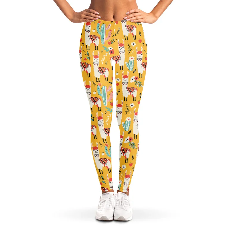 Yellow Llama Pattern Print Women's Leggings Fashionable Printed Leggings