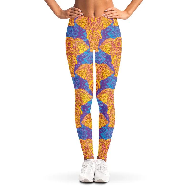 Yellow Mandala Elephant Pattern Print Women's Leggings Trendy Flared Leggings