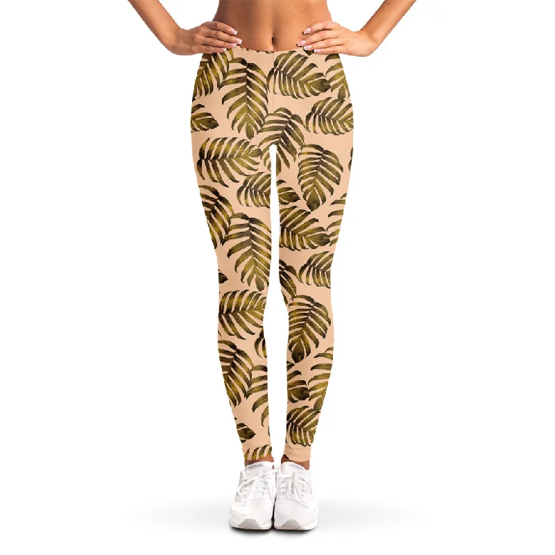 Yellow Monstera Leaves Pattern Print Women's Leggings Trendy Side-Pocket Leggings