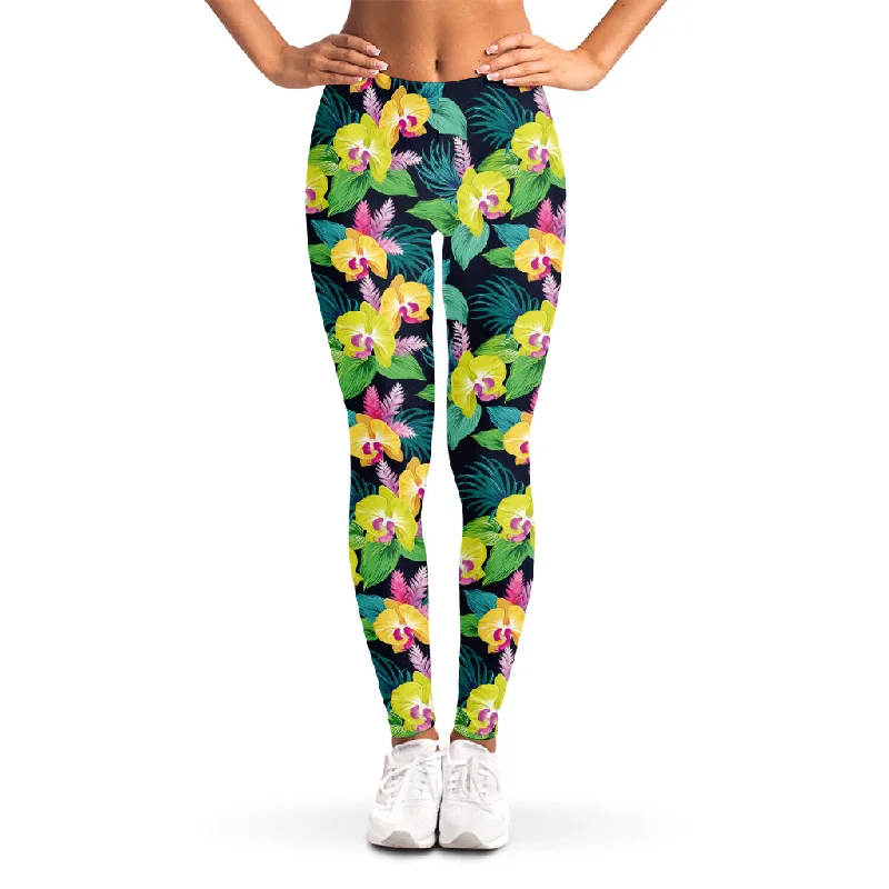 Yellow Orchid Pattern Print Women's Leggings Fashionable Solid Color Tights