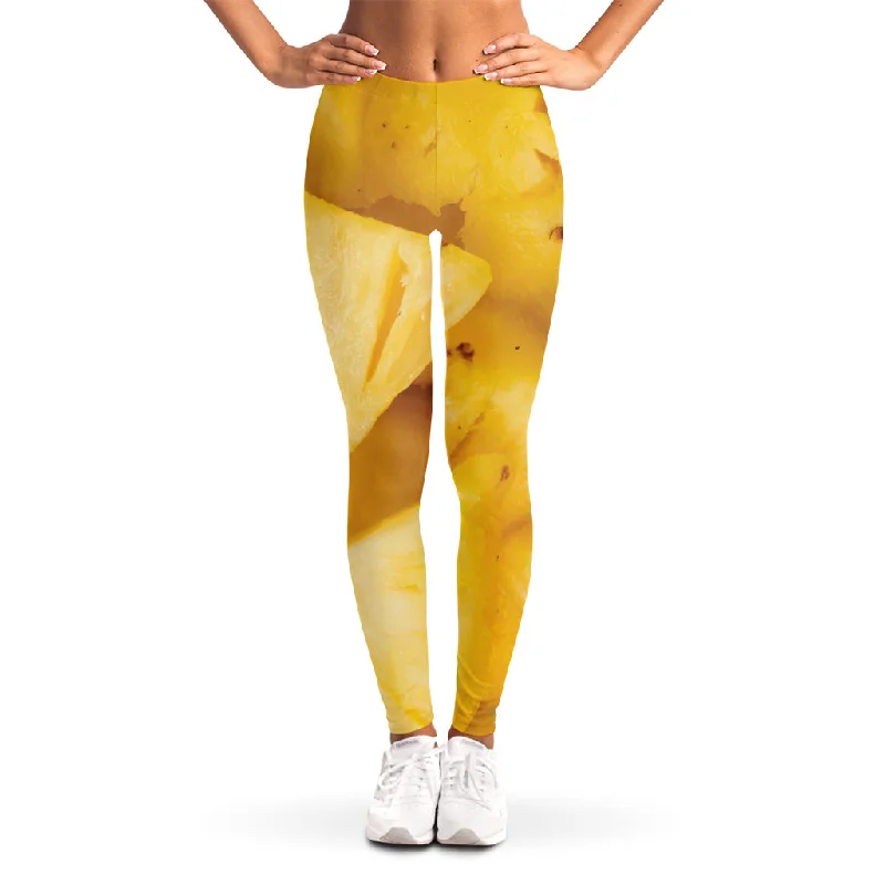 Yellow Pineapple Pieces Print Women's Leggings Comfortable Ribbed Waistband Leggings