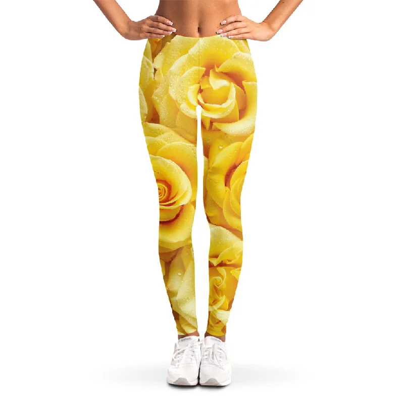 Yellow Rose Print Women's Leggings Cozy Bootcut Leggings