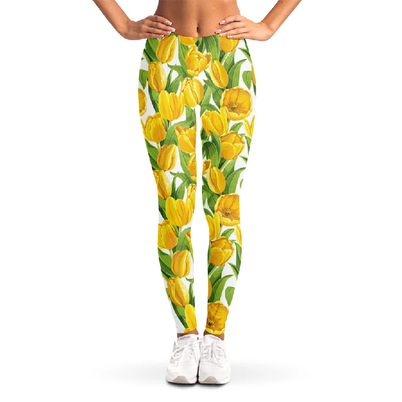 Yellow Spring Tulip Pattern Print Women's Leggings Stylish Sporty Performance Leggings