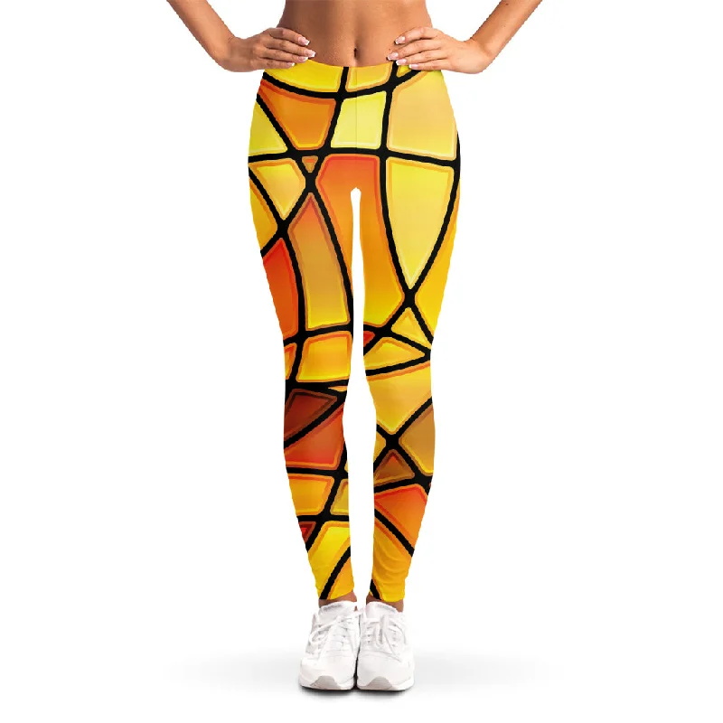 Yellow Stained Glass Mosaic Print Women's Leggings Fashionable Sports Compression Leggings