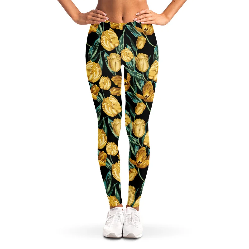 Yellow Tulip Floral Pattern Print Women's Leggings Fashionable Sports Leggings