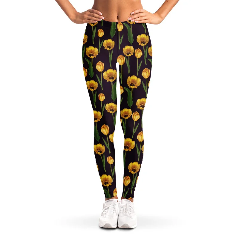 Yellow Tulip Flower Pattern Print Women's Leggings Elegant Metallic Leggings