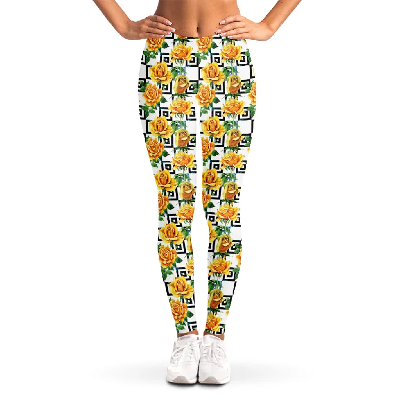 Yellow Watercolor Rose Print Women's Leggings Casual Sporty Leggings