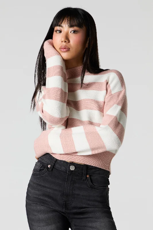 Striped Knit Mock Neck Sweater Striped Floral Plaid