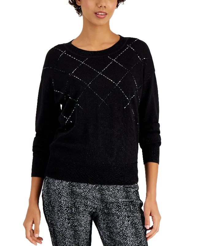 Alfani Crewneck Shine Sweater Seamless Knitted Crochet