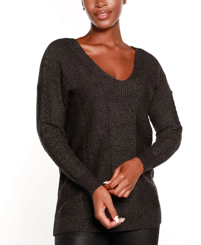 Belldini Black Label V Neck Sweater With Cable Detail Terry Terry Cloth Terry Knit