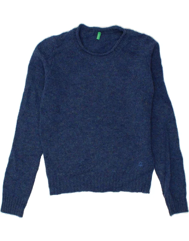 BENETTON Womens Crew Neck Jumper Sweater UK 12 Medium Navy Blue Toggled Drawstring Belted