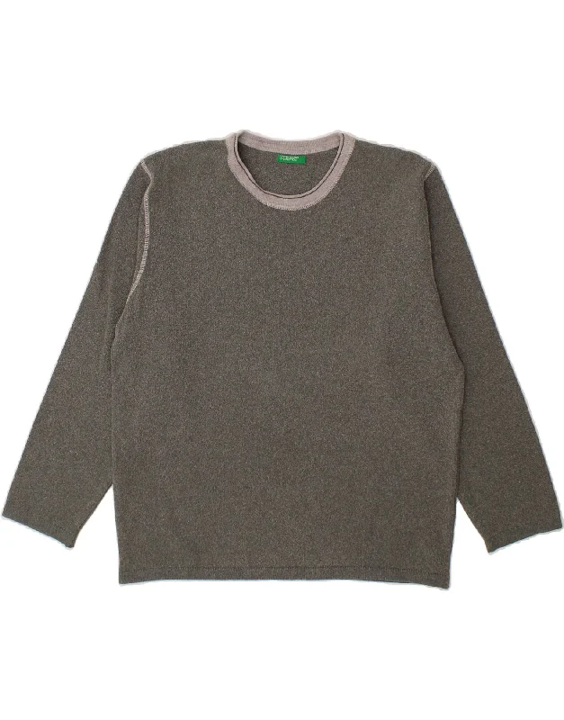 BENETTON Womens Crew Neck Jumper Sweater UK 16 Large Grey Cotton Silk Blend Satin Velvet