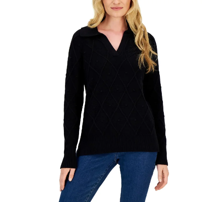 Charter Club Womens Diamond Knit Collared V-Neck Sweater Transparent Opaque Sheer