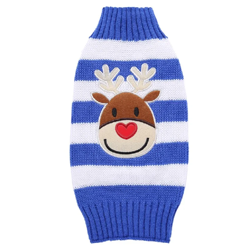 Maxbell Maxbell Christmas Dog Stripe Knit Sweater Winter Apparel Jumpsuit Clothes L Blue Toggled Drawstring Belted