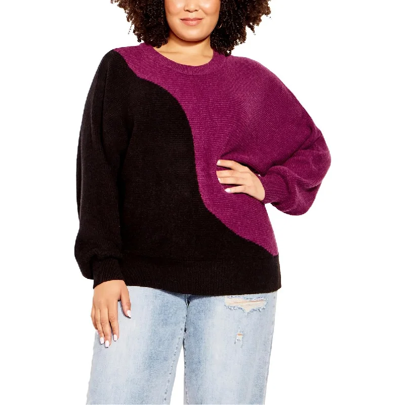 City Chic Womens Plus Knit Colorblock Crewneck Sweater Notch Collar Peter Pan Collar Cowl Neck