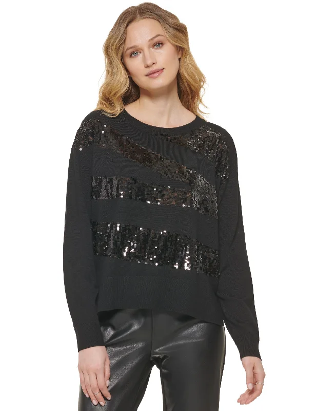 DKNY Womens Crew Neck Sequin Embellished Zigzag Sweater Nylon Fabric Polyester Fabric Spandex Fabric