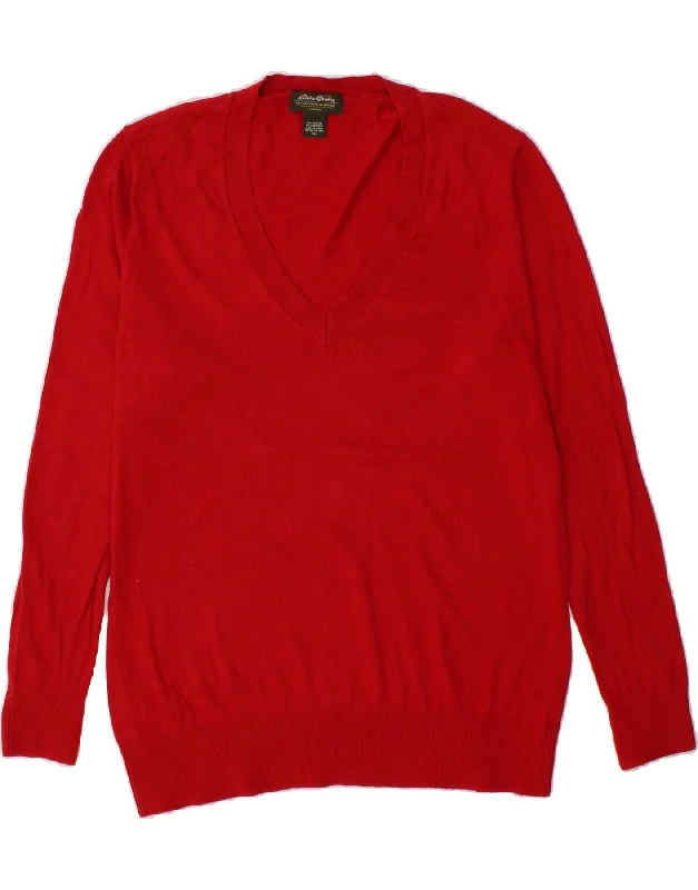 EDDIE BAUER Womens V-Neck Jumper Sweater UK 18 XL Red Cotton Modern Contemporary Chic