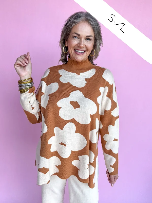 Funky Florals Sweater - Toffee Fitted Loose Oversized