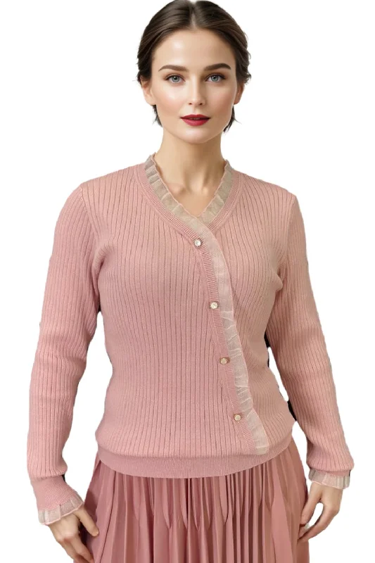 FL2008 BOTTON FRONT V NECK SWEATER (PINK, GRAY, BLUE) Toggled Drawstring Belted