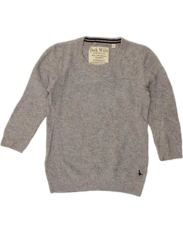 JACK WILLS Womens 3/4 Sleeve Boat Neck Jumper Sweater UK 12 Medium Grey Denim Fabric Leather Fabric Suede Fabric