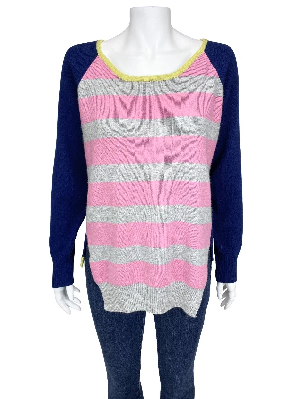 Jamison by Evereve, Women's Wool/Cashmere Striped Sweater, Navy/Multi, Size L High Neck Crew Neck V-Neck