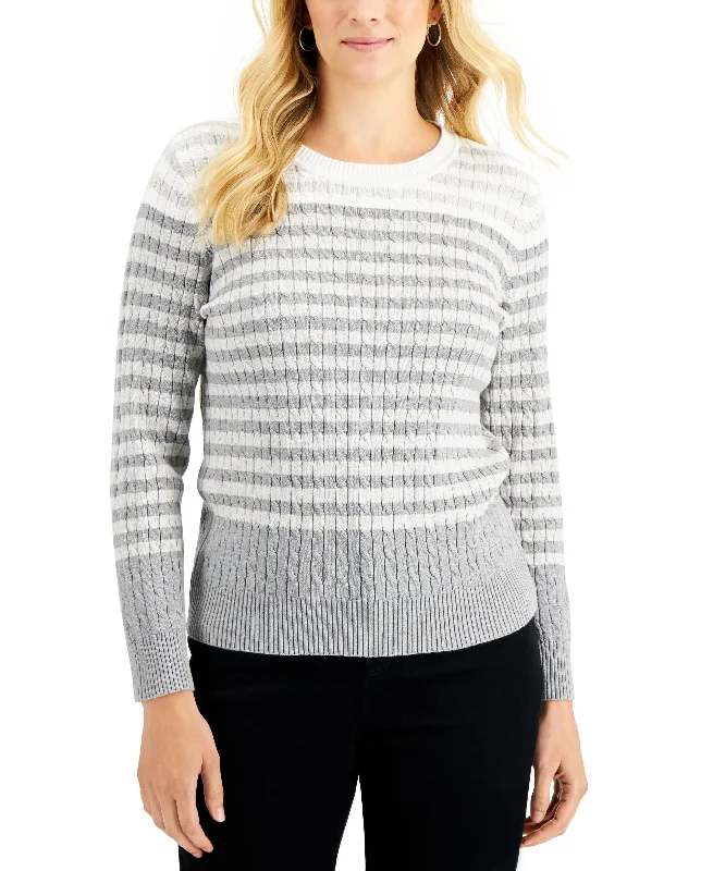 Karen Scott Caroline Striped Cable Knit Sweater Terry Blend Velvet Blend Canvas Blend