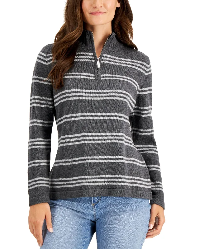 Karen Scott Donna Cotton Striped Quarter Zip Sweater Cable Knit Ribbed Knit Lace Knit