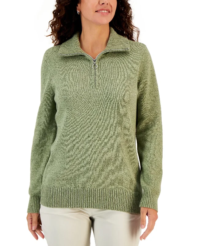 Karen Scott Womens Cotton Marl Zip Sweater Elegant Classic Vintage