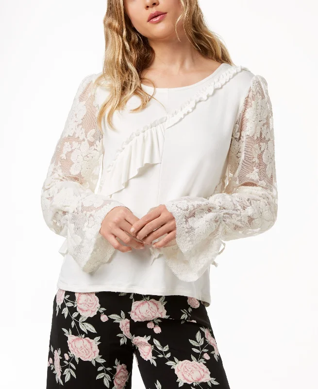 Kensie Ruffled Lace Sleeve Sweater Collared Crew Neck Turtle Neck