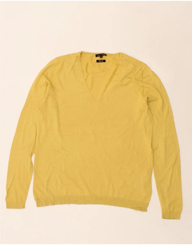 MASSIMO DUTTI Womens V-Neck Jumper Sweater UK 16 Large Yellow Cotton Sweater Knitwear Pullover